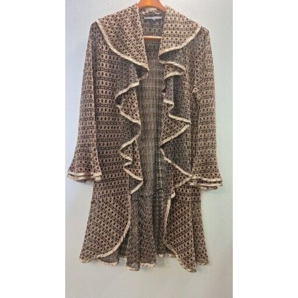 CALEOOA Crotchet Knit‎ Open Long Ruffled Cardigan Women Sz L Boho Hippie Fairy